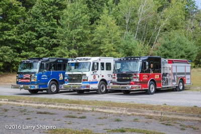 Three Rosenbauer America Commander fire engines from upstate NY shapirophotography.net Larry Shapiro photographer Peru FD Saranac Lake VFD Cumberland Head FD red white and blue